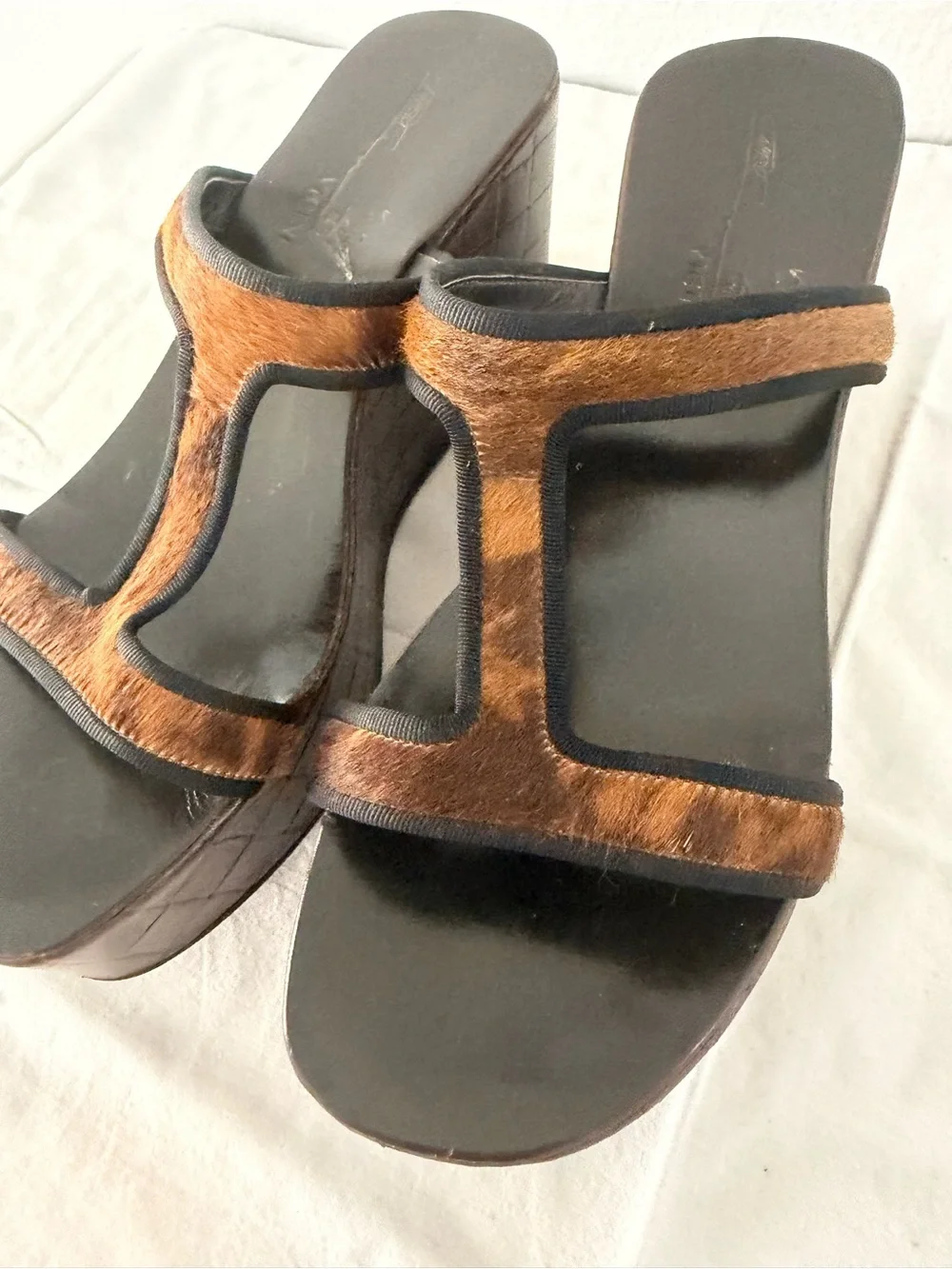 Tapeet Vicini Brown Haircalf Platform Slide Sandals